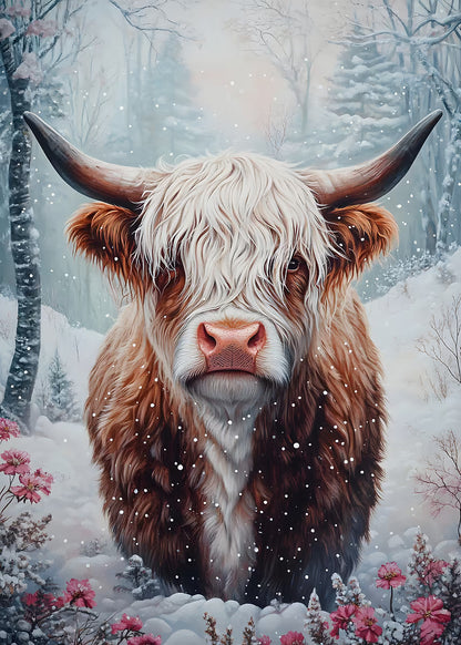 Winter Snow Highland Cow 60x90cm Metal Print Ready to Hang - Bella Home Decor