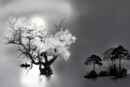 Black And White Lake Night Moon Sky Wall Art Decor 100% Australian Made