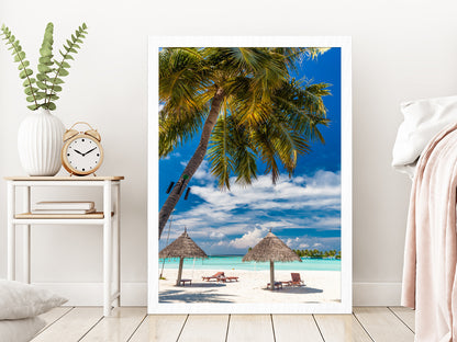 Palm Tree & Beach Huts in Tropical Beach Glass Framed Wall Art, Ready to Hang Quality Print Without White Border White