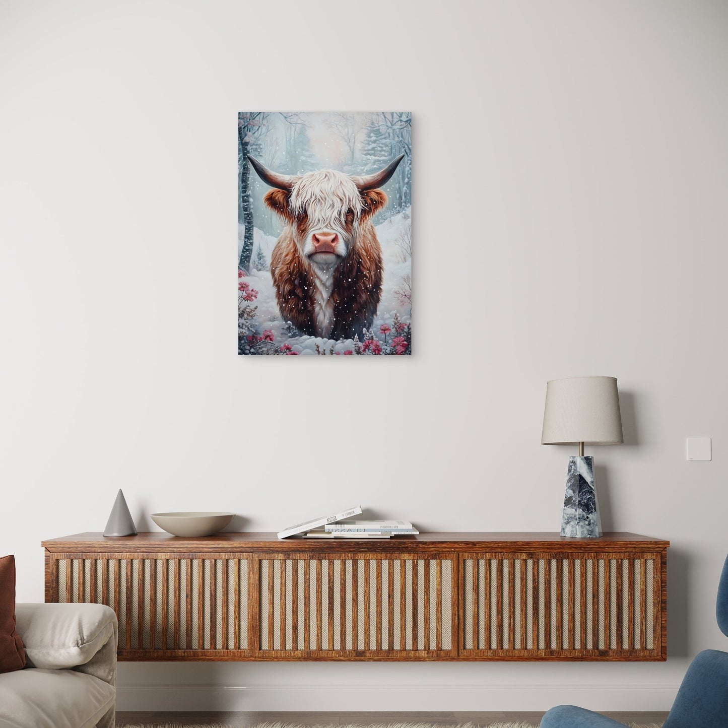 Winter Snow Highland Cow 60x90cm Metal Print Ready to Hang - Bella Home Decor