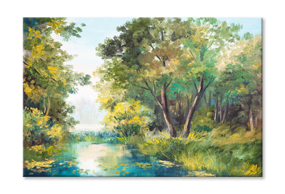 Pond In The Forest Oil Painting Wall Art Limited Edition High Quality Print Stretched Canvas None