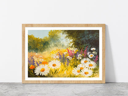 Field Of Daisies Green Forest Glass Framed Wall Art, Ready to Hang Quality Print With White Border Oak