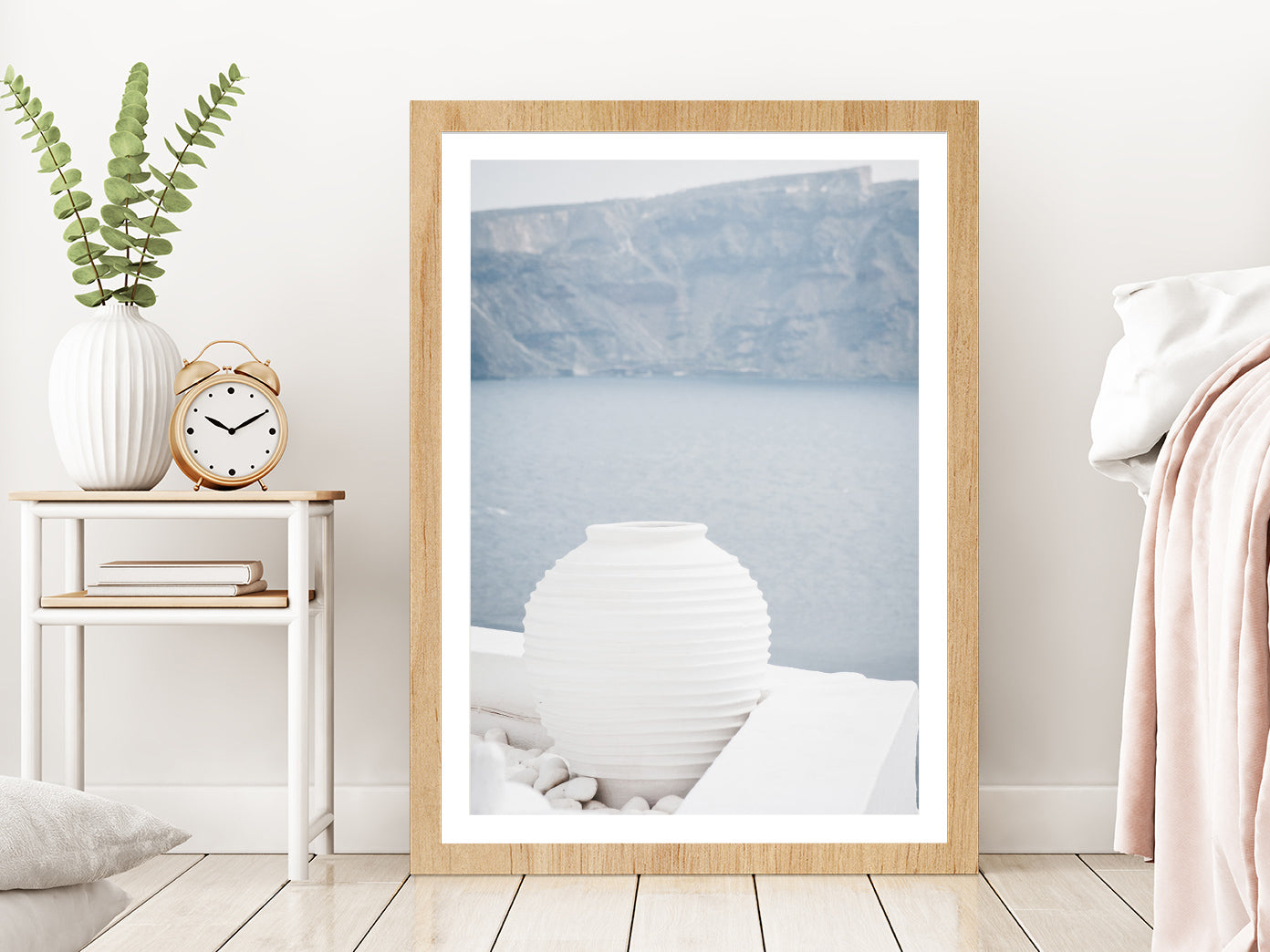 White Pot near Sea Photograph Glass Framed Wall Art, Ready to Hang Quality Print With White Border Oak