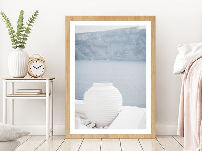 White Pot near Sea Photograph Glass Framed Wall Art, Ready to Hang Quality Print With White Border Oak