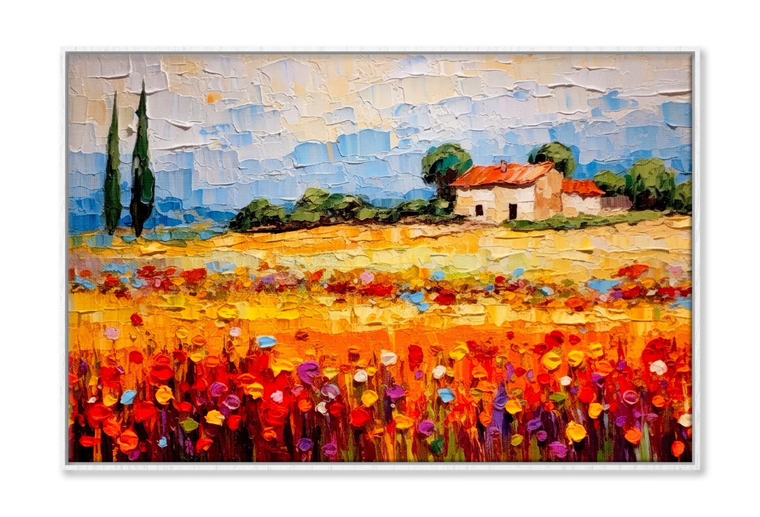 Colorful Flower Field near House & Cloudy Sky Painting Wall Art Limited Edition High Quality Print Canvas Box Framed White