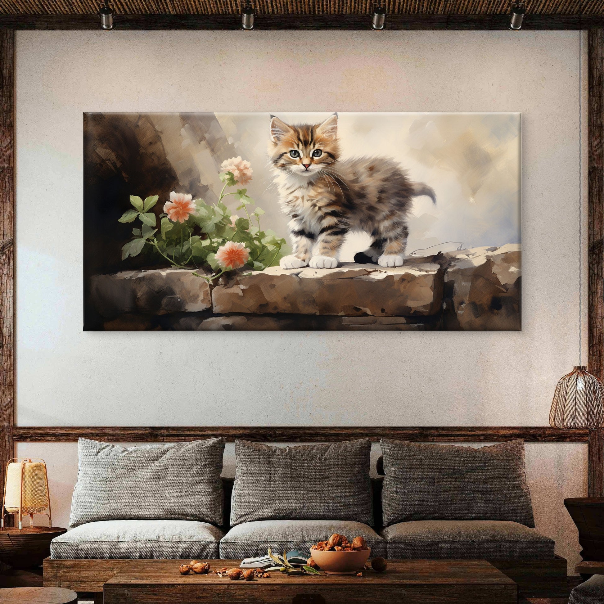 Fluffy Tabby Kitten Stone Wall Art Canvas Office Home Room Framed 120x60cm - Bella Home Decor