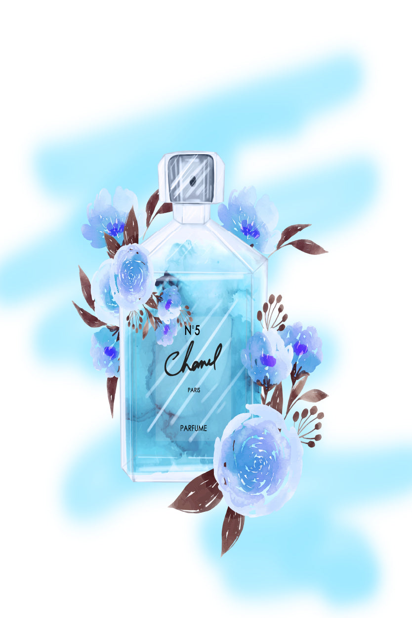 Blue Colored Fashion Perfume Bottle with Flowers Design Home Decor Premium Quality Poster Print Choose Your Sizes