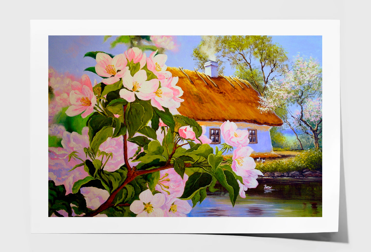 Spring Flowers With House Wall Art Limited Edition High Quality Print Unframed Roll Canvas None