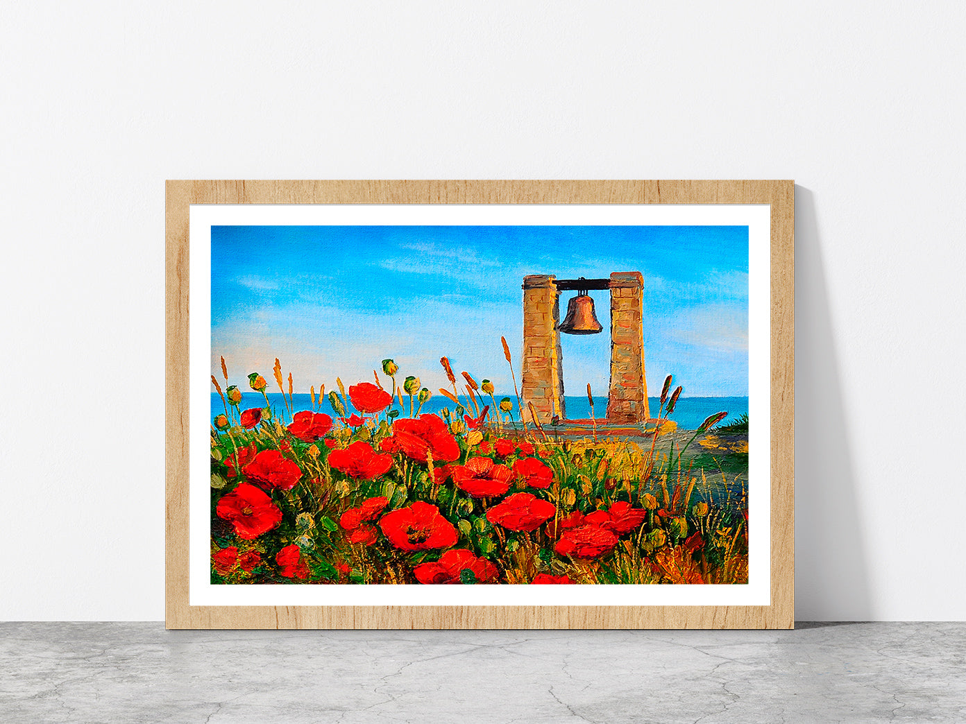 Poppies Near The Sea & Bell At Sunset Painting Glass Framed Wall Art, Ready to Hang Quality Print With White Border Oak