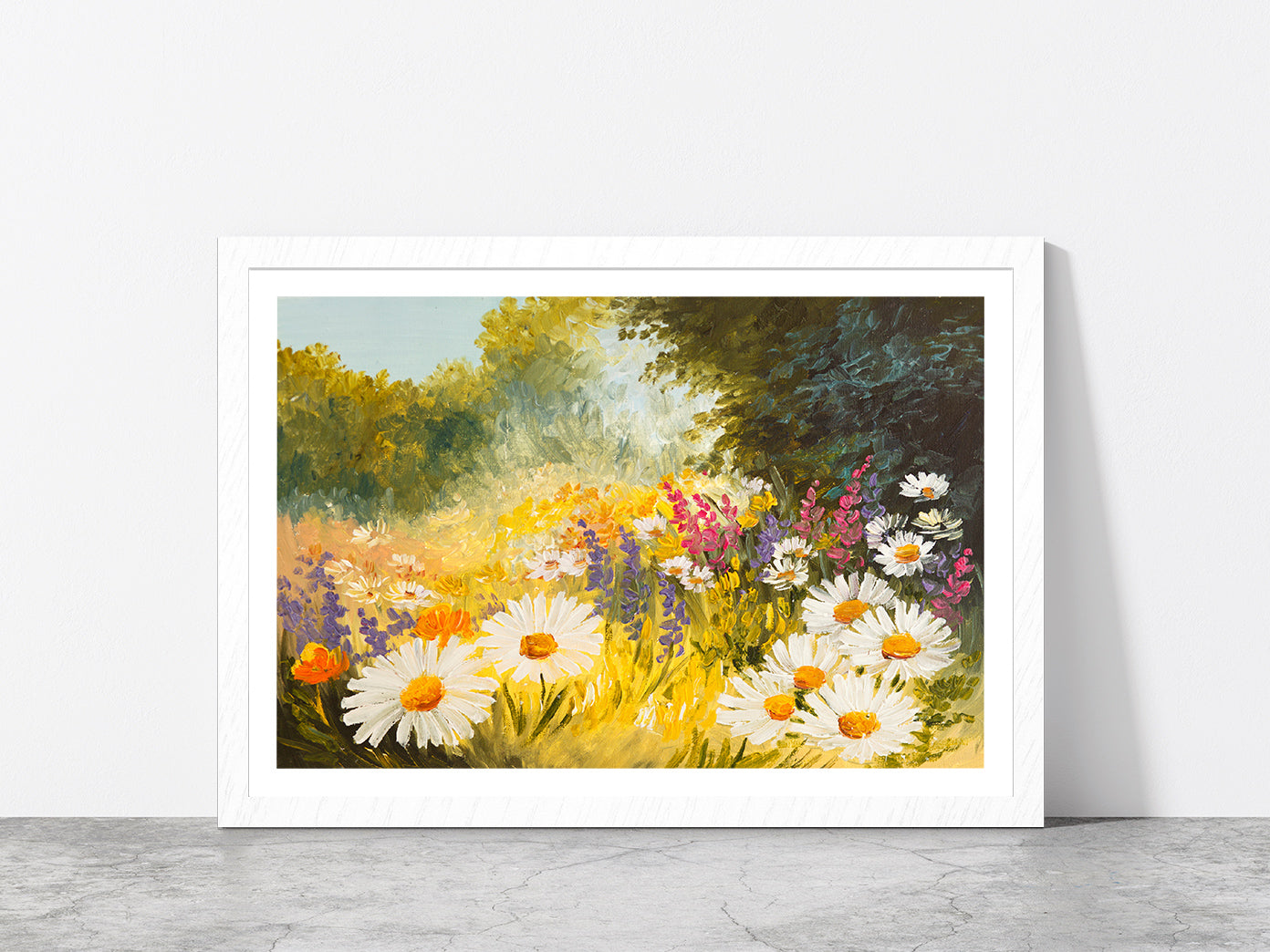 Field Of Daisies Green Forest Glass Framed Wall Art, Ready to Hang Quality Print With White Border White