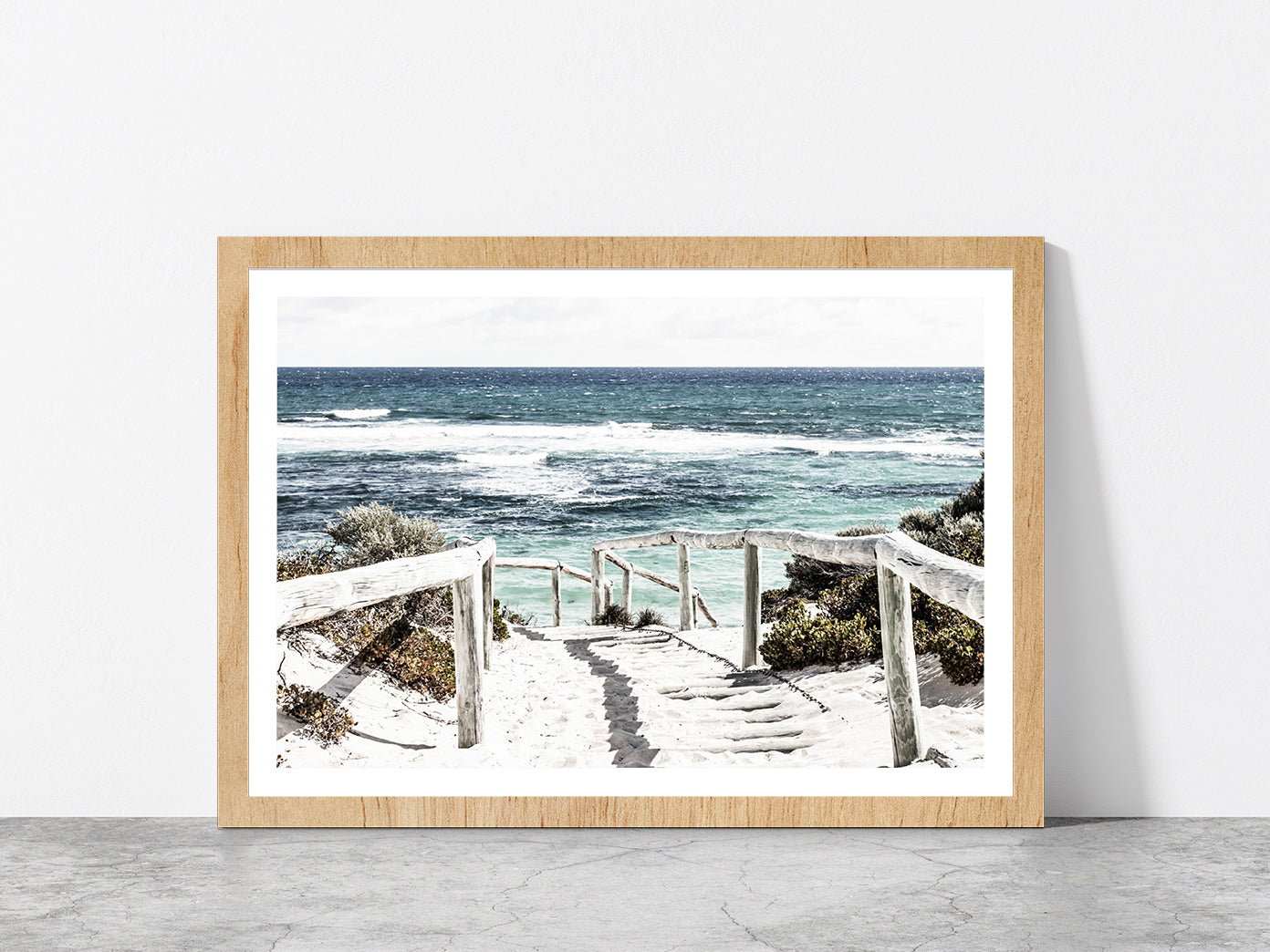 Fence Foot Path to Sea Faded Photograph Glass Framed Wall Art, Ready to Hang Quality Print With White Border Oak