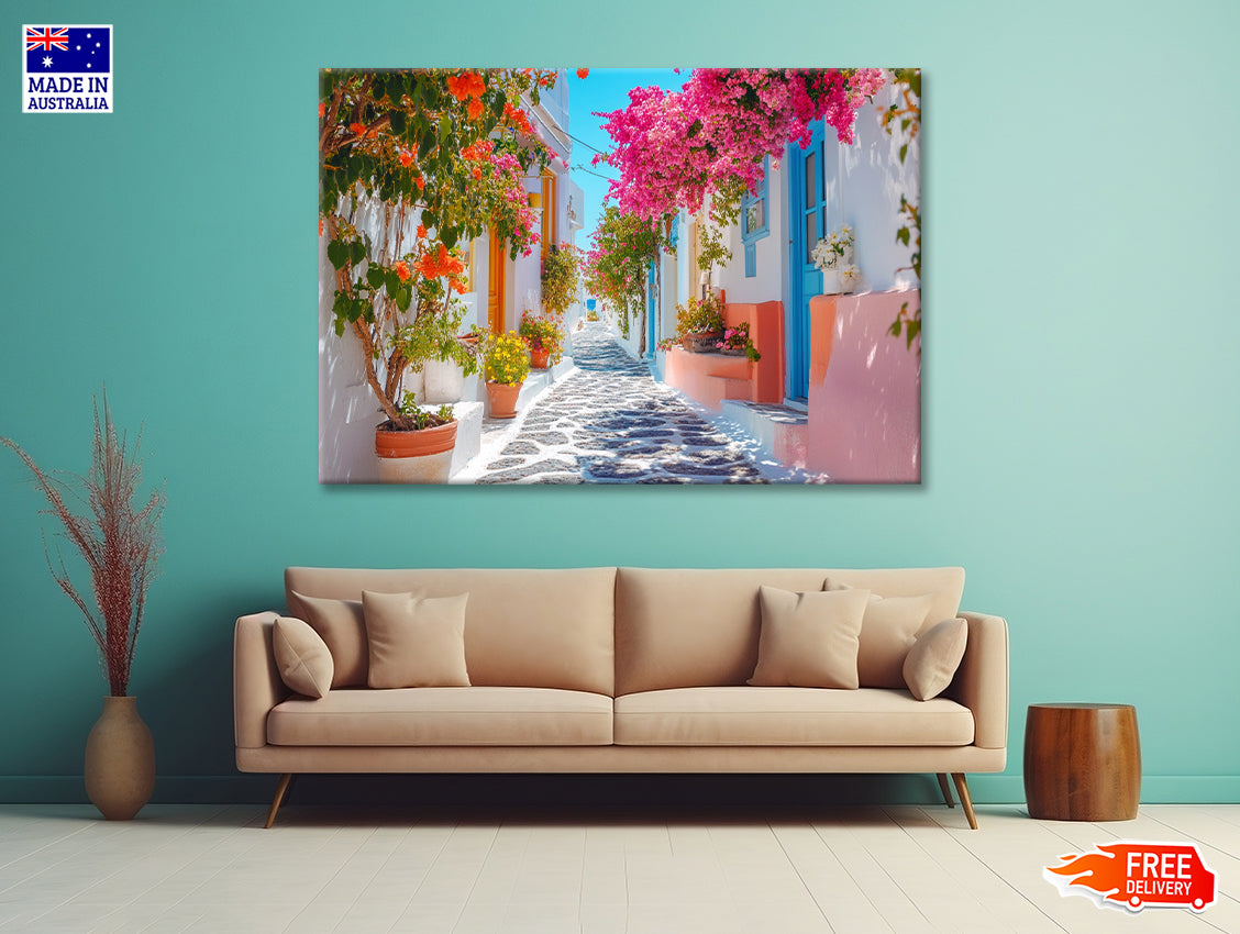 Beautiful Street with Flowers in Greece Print 100% Australian Made - Bella Home Decor