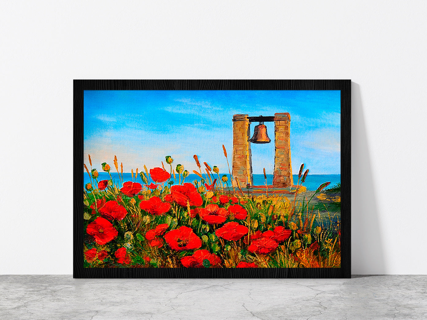 Poppies Near The Sea & Bell At Sunset Painting Glass Framed Wall Art, Ready to Hang Quality Print Without White Border Black