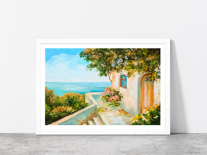 Summer Day House Near The Sea Glass Framed Wall Art, Ready to Hang Quality Print With White Border White