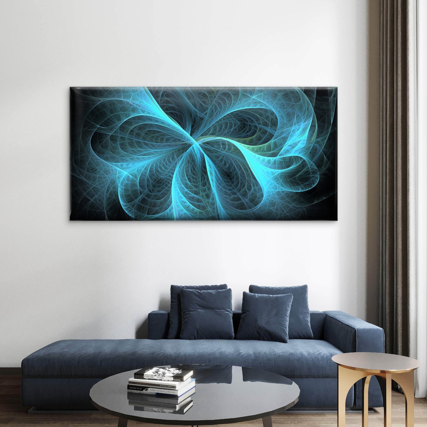 Blue Fractal Energy Wave Wall Art Canvas Office Home Room Framed 120x60cm - Bella Home Decor
