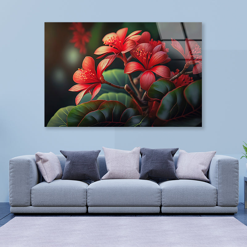 Red Tropical Flowers Acrylic Glass Print Tempered Glass Wall Art 100% Made in Australia Ready to Hang - Bella Home Decor