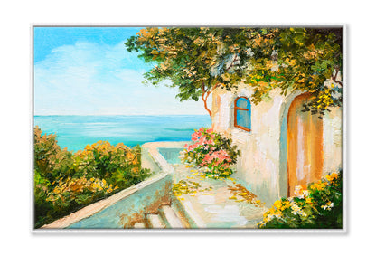 Summer Day House Near The Sea Oil Painting Wall Art Limited Edition High Quality Print Canvas Box Framed White