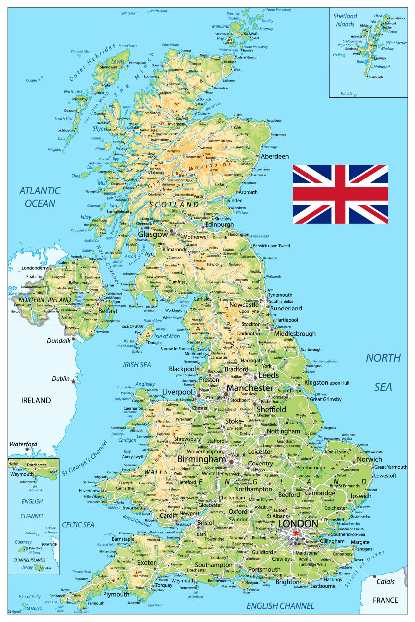 United Kingdom Physical Map Home Decor Premium Quality Poster Print Choose Your Sizes