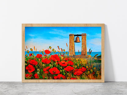 Poppies Near The Sea & Bell At Sunset Painting Glass Framed Wall Art, Ready to Hang Quality Print Without White Border Oak