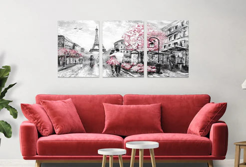 3pcs Eiffel Tower Pink Flower Tree Black and White Wall Art Set Canvas Unframed - High Quality Print 100% Australian Made Wall Canvas - Bella Home Decor