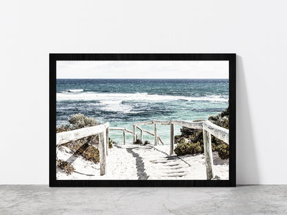 Fence Foot Path to Sea Faded Photograph Glass Framed Wall Art, Ready to Hang Quality Print Without White Border Black