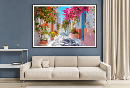 Beautiful Street with Flowers in Greece Home Decor Premium Quality Poster Print Choose Your Sizes