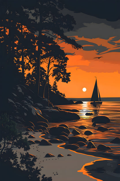 Sunset Beach Sailboat Coastal 60x90cm Metal Print Ready to Hang