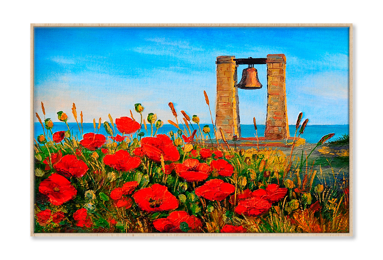 Poppies Near The Sea & Bell At Sunset Painting Wall Art Limited Edition High Quality Print Canvas Box Framed Natural