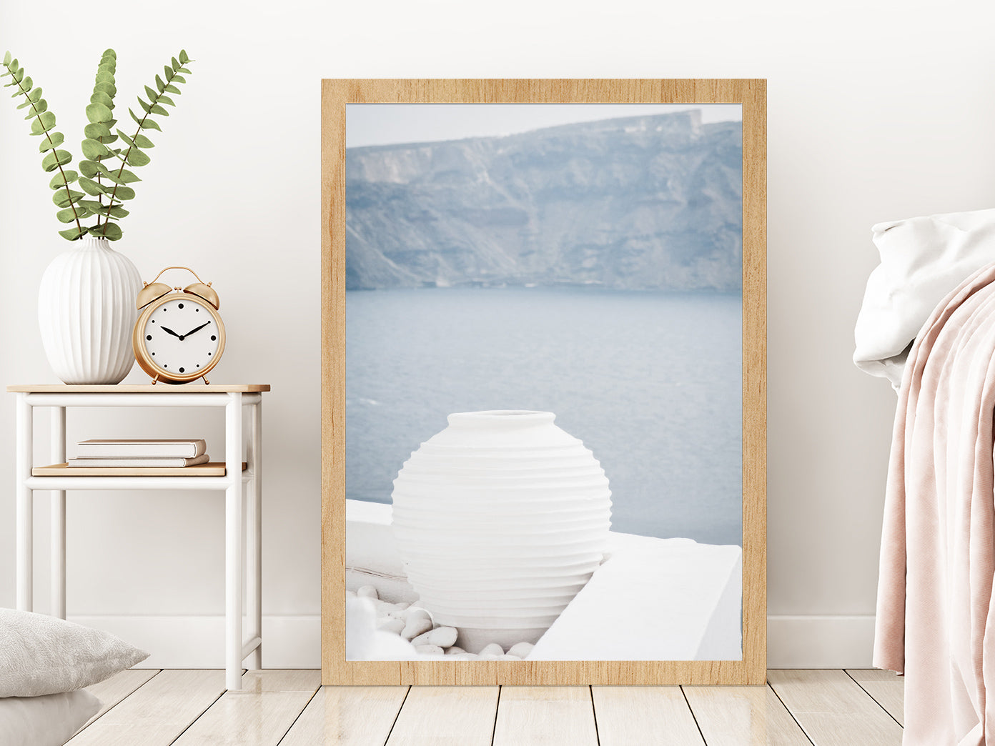 White Pot near Sea Photograph Glass Framed Wall Art, Ready to Hang Quality Print Without White Border Oak