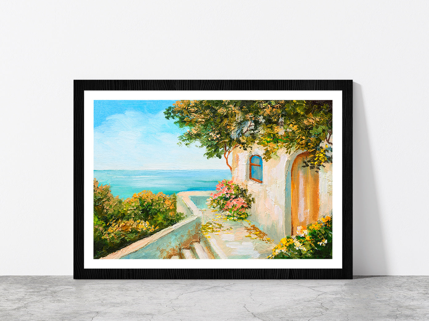 Summer Day House Near The Sea Glass Framed Wall Art, Ready to Hang Quality Print With White Border Black