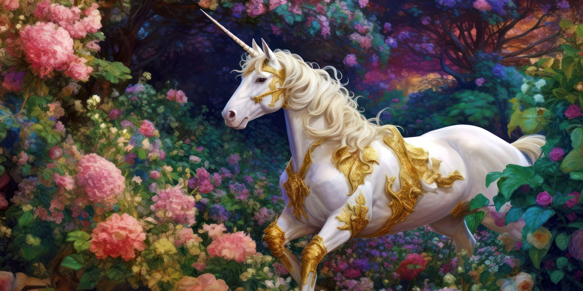 Golden White Unicorn In Flower Garden Wall Art Canvas Office Home Framed 120x60cm