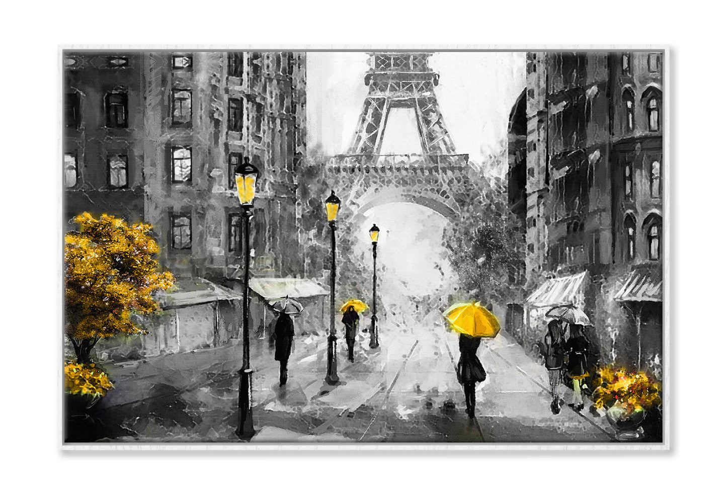 Eiffel Tower with People Under Yellow Umbrella & Tree Painting Wall Art Limited Edition High Quality Print Canvas Box Framed White