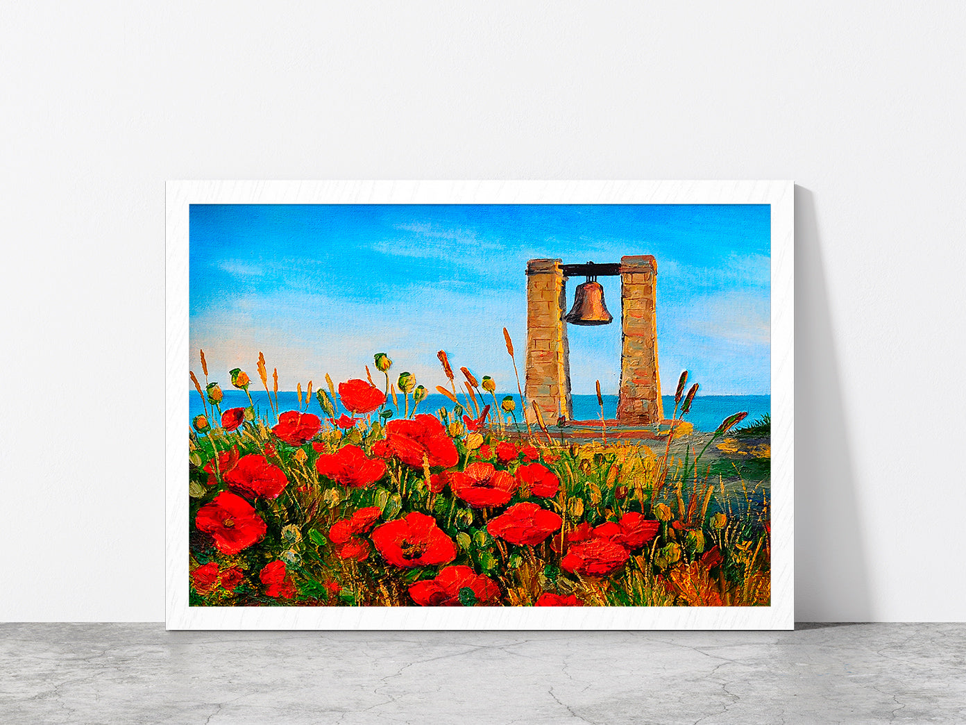 Poppies Near The Sea & Bell At Sunset Painting Glass Framed Wall Art, Ready to Hang Quality Print Without White Border White