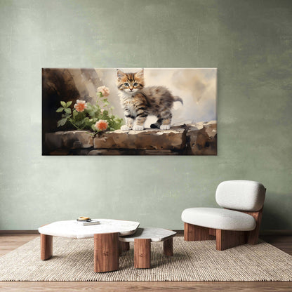 Fluffy Tabby Kitten Stone Wall Art Canvas Office Home Room Framed 120x60cm - Bella Home Decor