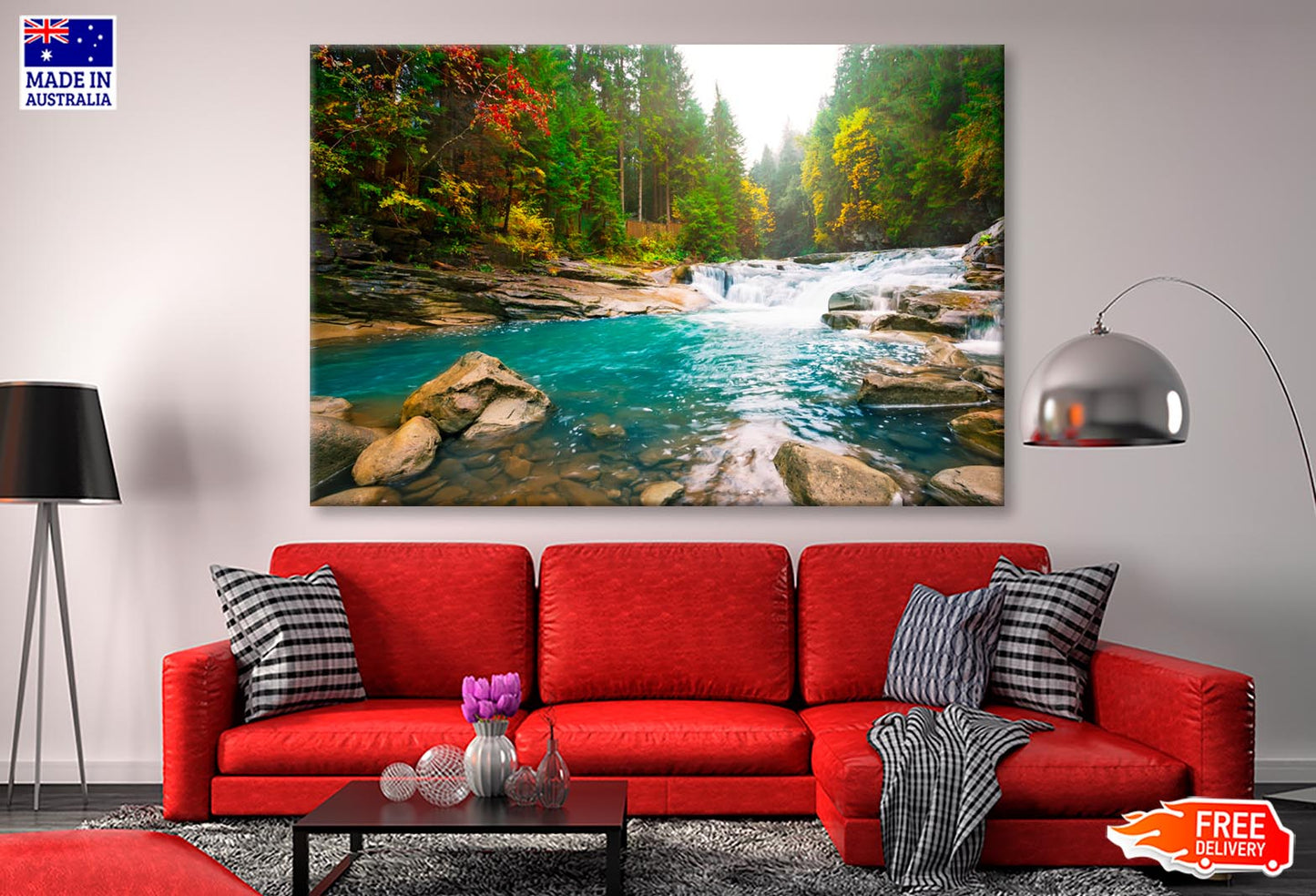 Waterfall On Mountain River in The Forest Wall Art Decor 100% Australian Made