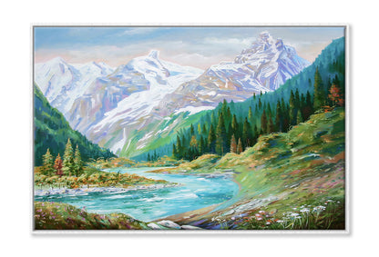 Teberda River & Caucasus Mountains Watercolor Painting Wall Art Limited Edition High Quality Print Canvas Box Framed White