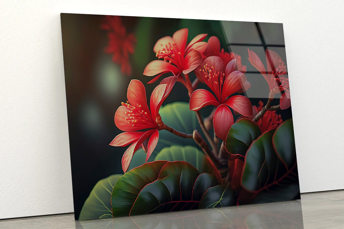Red Tropical Flowers Acrylic Glass Print Tempered Glass Wall Art 100% Made in Australia Ready to Hang - Bella Home Decor