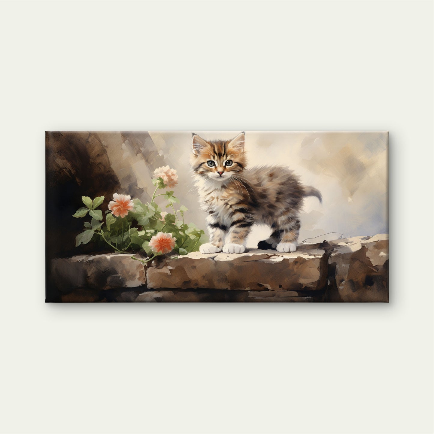 Fluffy Tabby Kitten Stone Wall Art Canvas Office Home Room Framed 120x60cm - Bella Home Decor