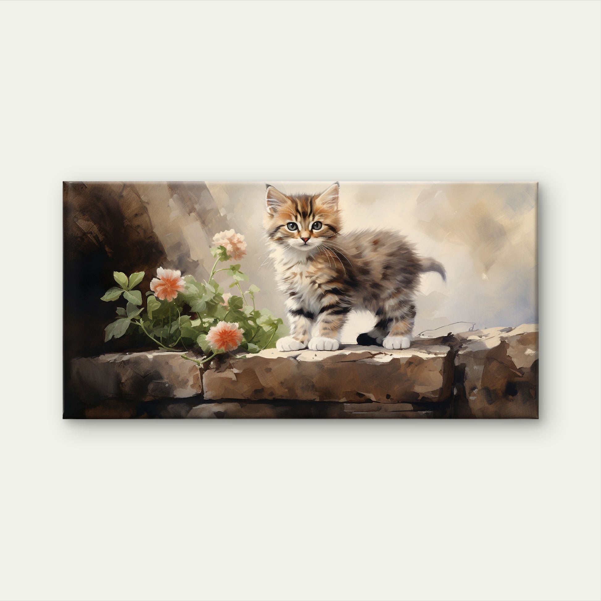 Fluffy Tabby Kitten Stone Wall Art Canvas Office Home Room Framed 120x60cm - Bella Home Decor