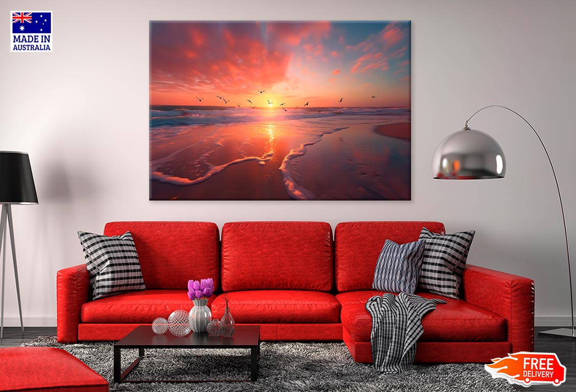 Beach Scene With Colorful Sunset Print 100% Australian Made