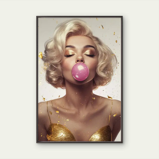 Trendy Woman Blowing Pink Bubble Gum Golden Accents Painting Fashion Home Decor Premium Quality Poster Print Choose Your Sizes