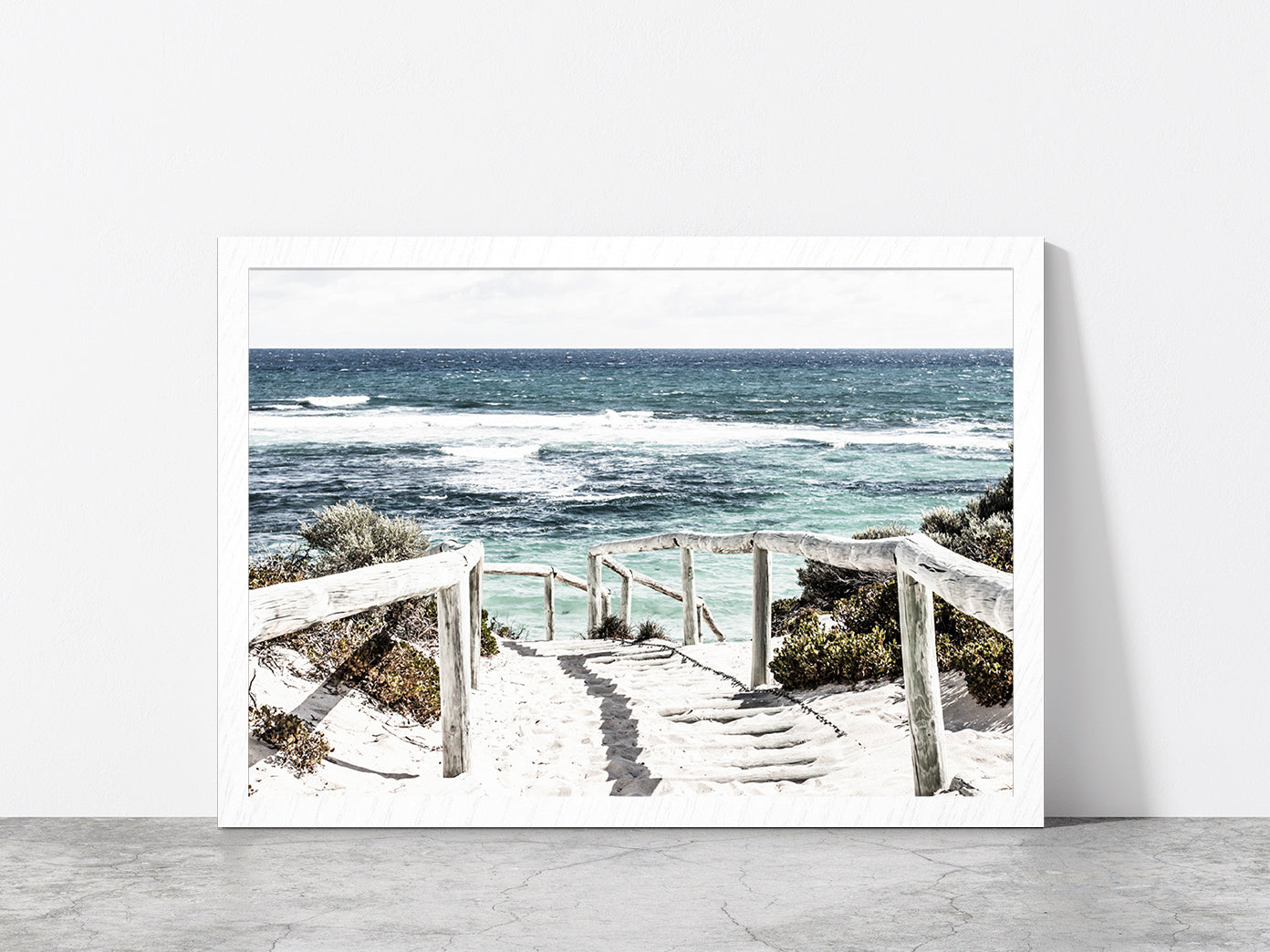 Fence Foot Path to Sea Faded Photograph Glass Framed Wall Art, Ready to Hang Quality Print Without White Border White