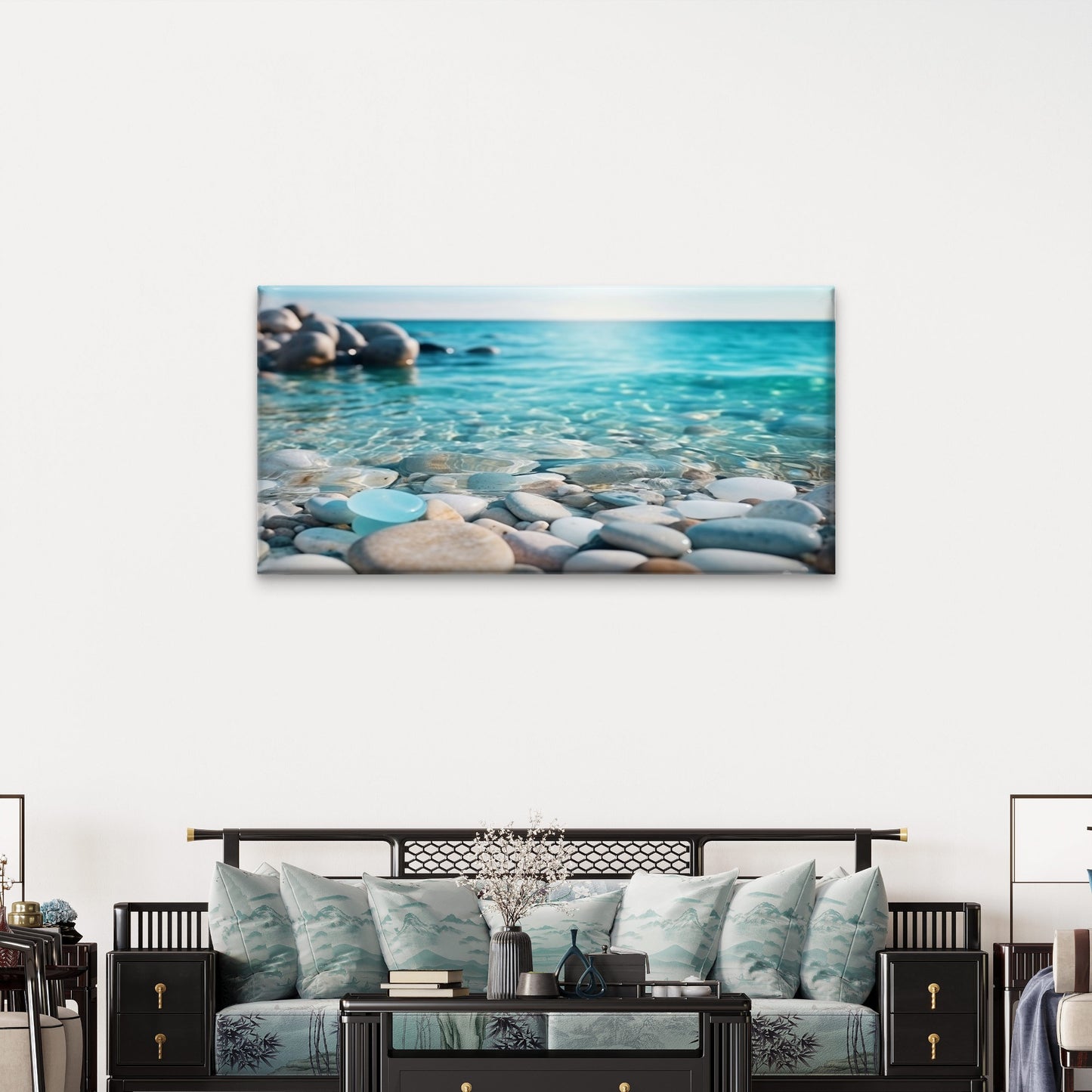 Coastal Beach Pebbles Clear Ocean Wall Art Canvas Office Home Framed 120x60cm