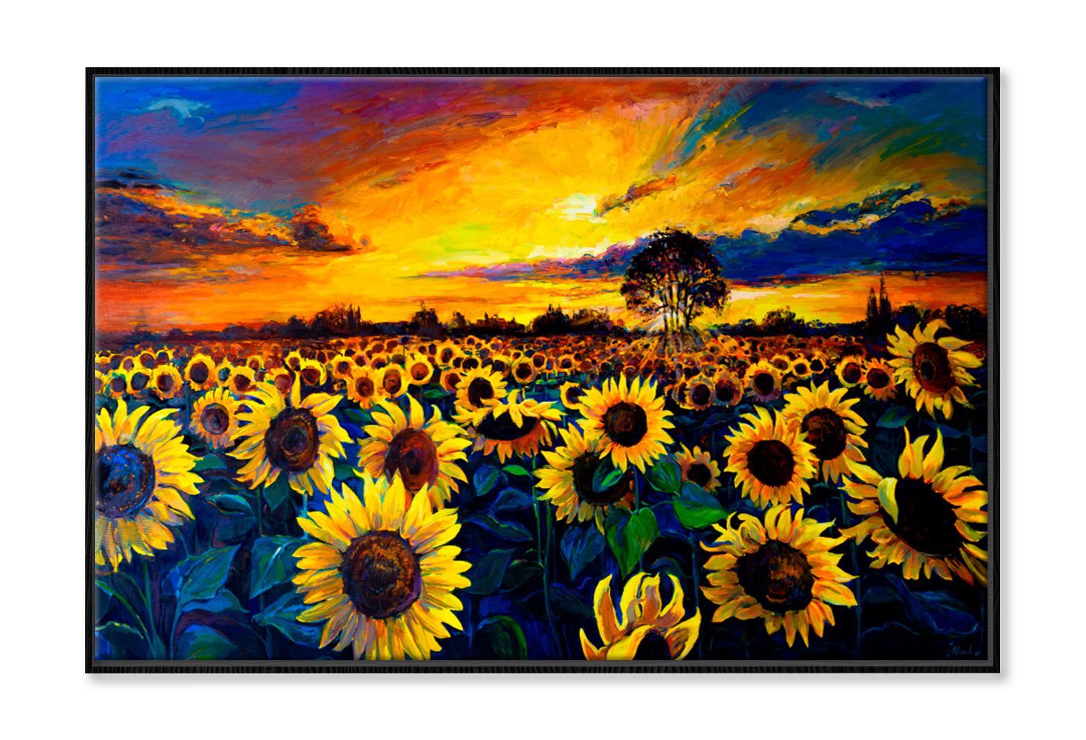 Sunflower Field Oil Painting Wall Art Limited Edition High Quality Print Canvas Box Framed Black