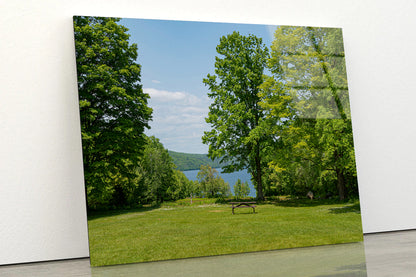 Picnic Table Located In Meadow with Lake Acrylic Glass Print Tempered Glass Wall Art 100% Made in Australia Ready to Hang