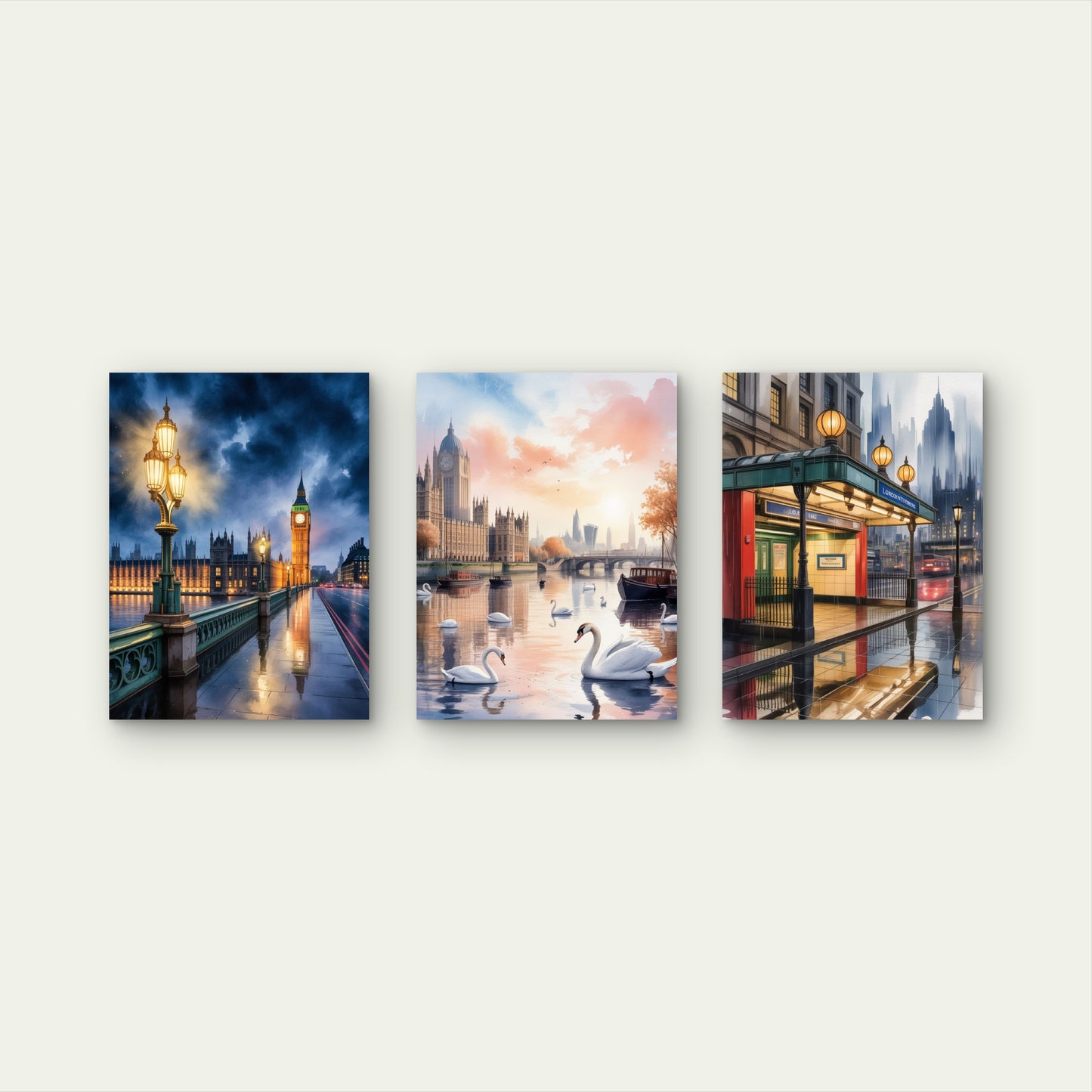 3pcs Rainy London Big Ben Swans Cityscape Painting Wall Art Set Canvas Framed 40x60cm - High Quality Print 100% Australian Made Wall Canvas Ready to Hang