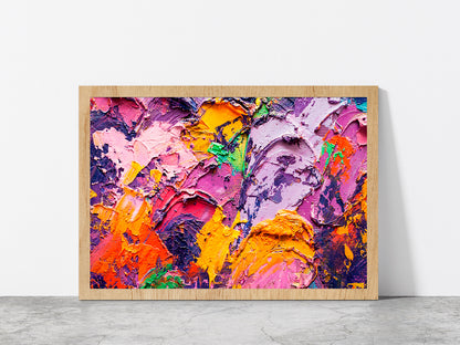 Colorful Abstract Oil Painting Glass Framed Wall Art, Ready to Hang Quality Print Without White Border Oak