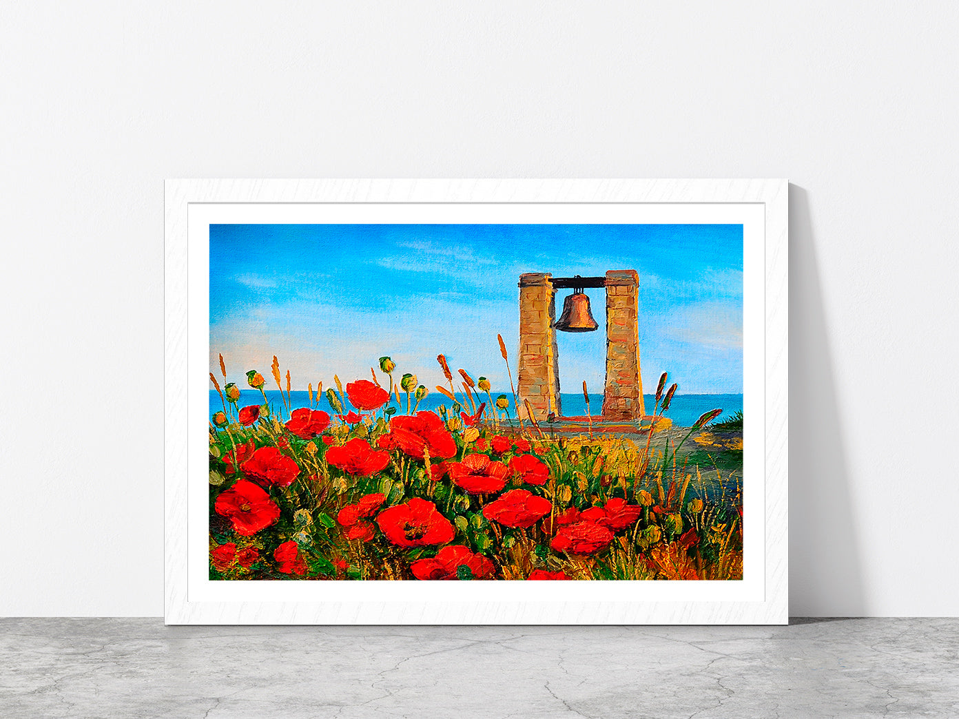 Poppies Near The Sea & Bell At Sunset Painting Glass Framed Wall Art, Ready to Hang Quality Print With White Border White