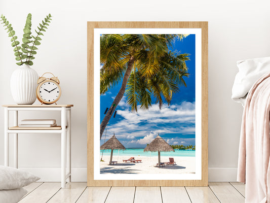 Palm Tree & Beach Huts in Tropical Beach Glass Framed Wall Art, Ready to Hang Quality Print With White Border Oak