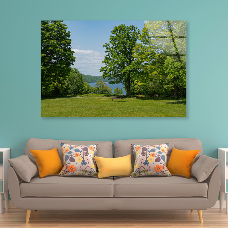 Picnic Table Located In Meadow with Lake Acrylic Glass Print Tempered Glass Wall Art 100% Made in Australia Ready to Hang